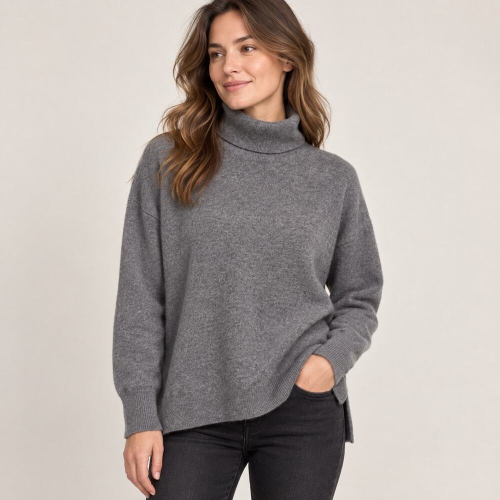 Halogen Women's XL 100% Cashmere Turtleneck Sweater Gray Side Slit Soft